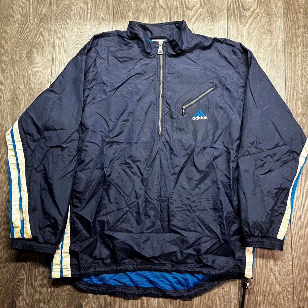 Vintage Adidas Quarter Zip Windbreaker Navy Blue Pullover Mens Large 7266